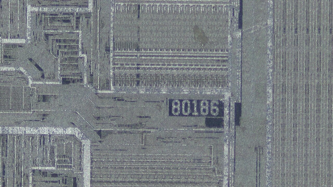 Microphotograph of an Intel 80186 processor