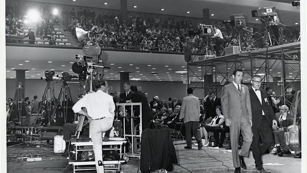 Television news cameras set up to cover an event