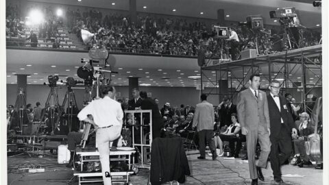 Television news cameras set up to cover an event