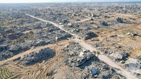 Aerial view of destroyed buildings in Rafah, Gaza Strip