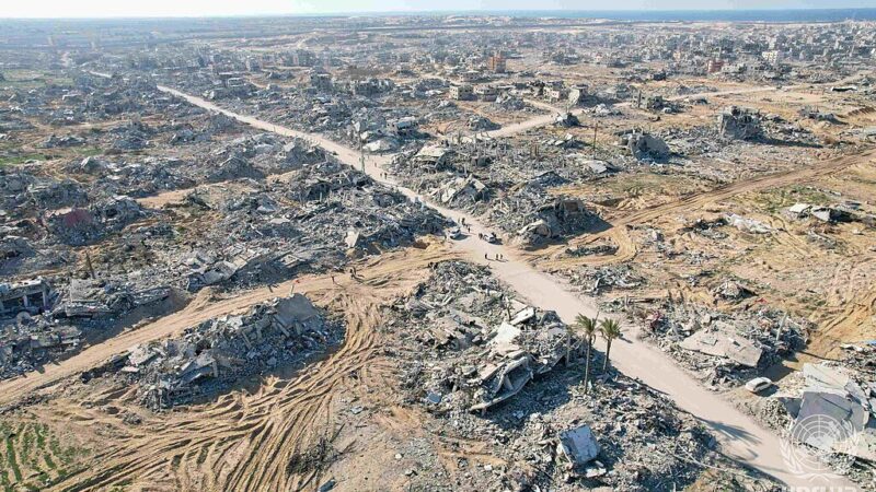 Aerial view of destroyed buildings in Rafah, Gaza Strip