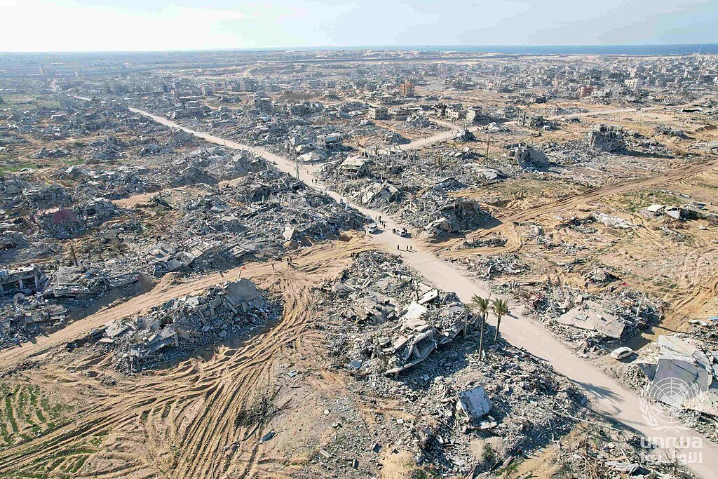 Aerial view of destroyed buildings in Rafah, Gaza Strip