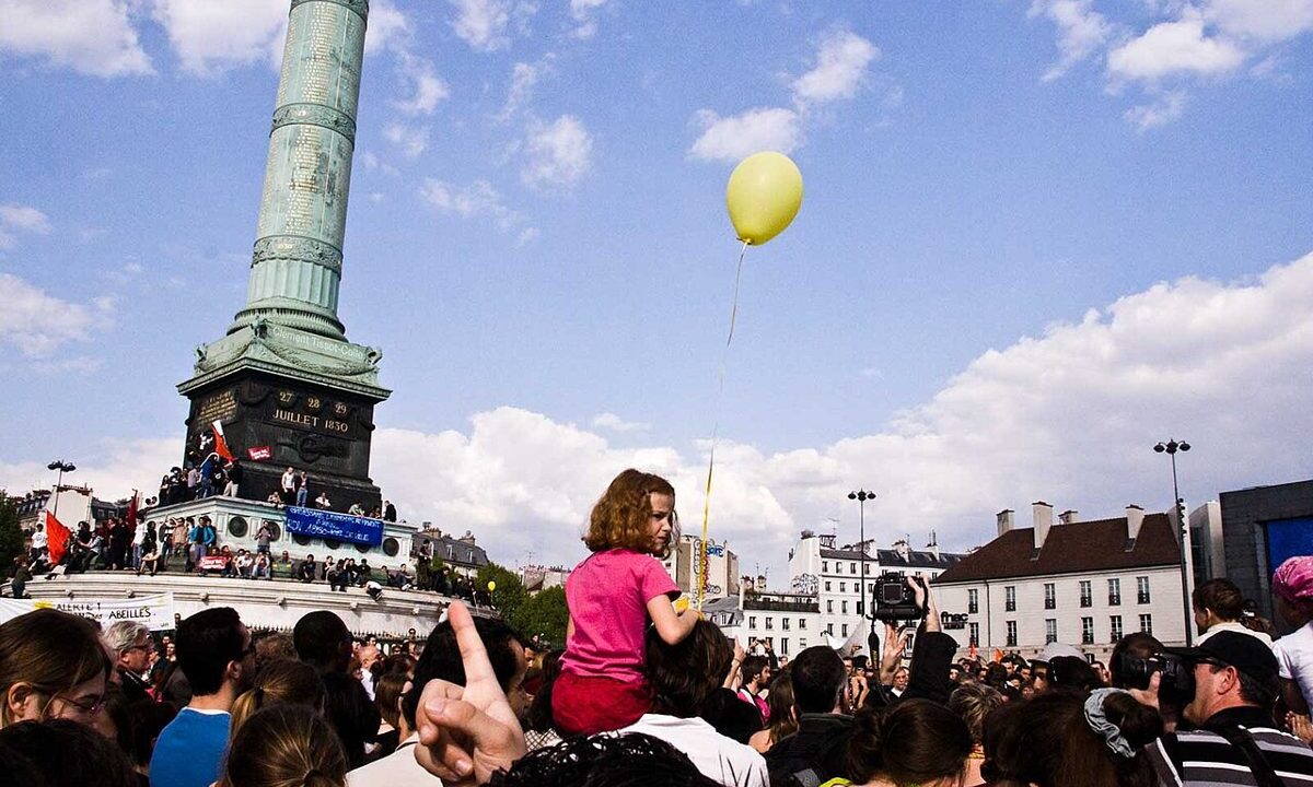 People gathering for a demonstration in a French city