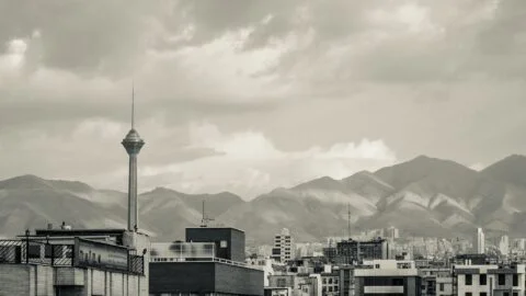 Tehran skyline with Milad Tower and the Alborz mountains