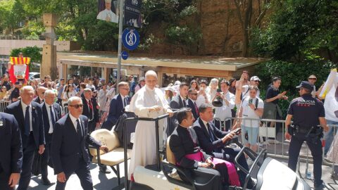 Pope Leo XIV greeting pilgrims at Montserrat abbey in June 2026