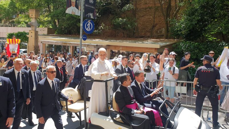 Pope Leo XIV greeting pilgrims at Montserrat abbey in June 2026