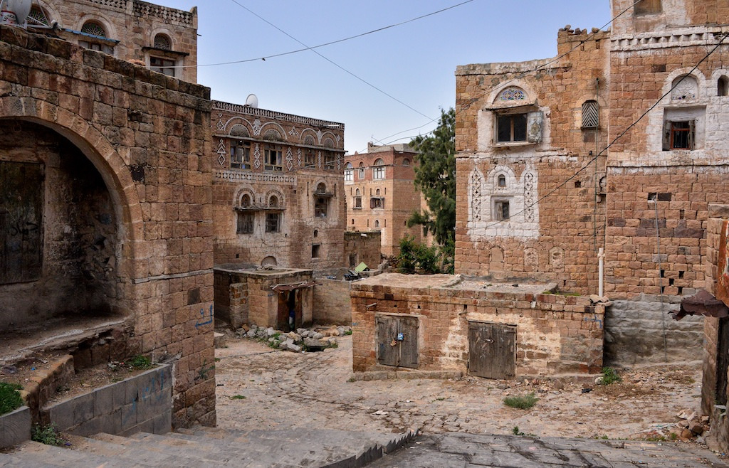 Old stone buildings on a street in Taiz Yemen
